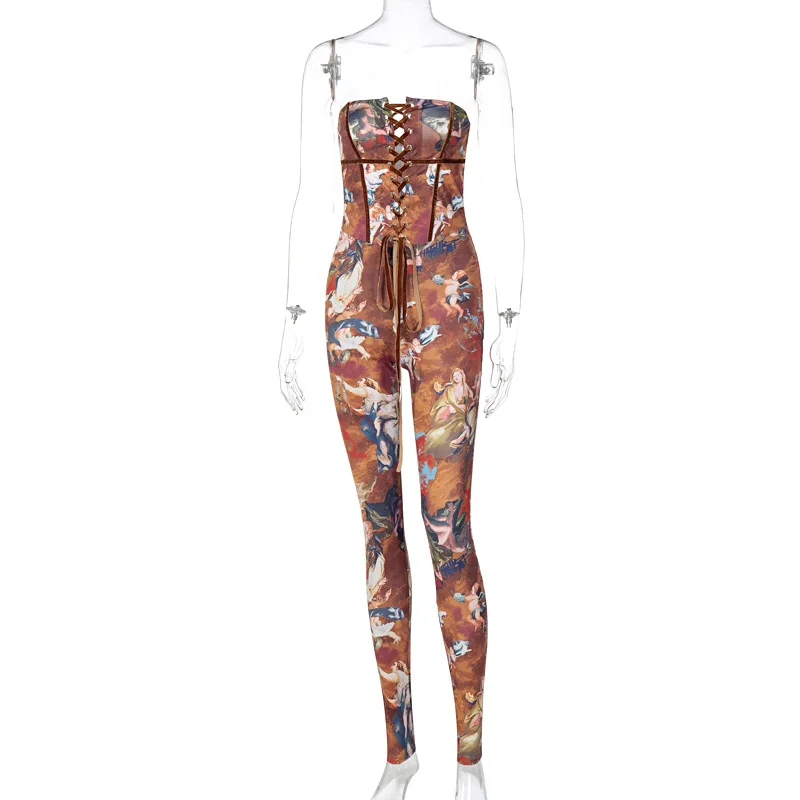 

Women Skinny Sleeveless Strapless Jumpsuits Stretchy Activewear Sporty Pattern Print Overalls Workout Casual Streetwear Outfits