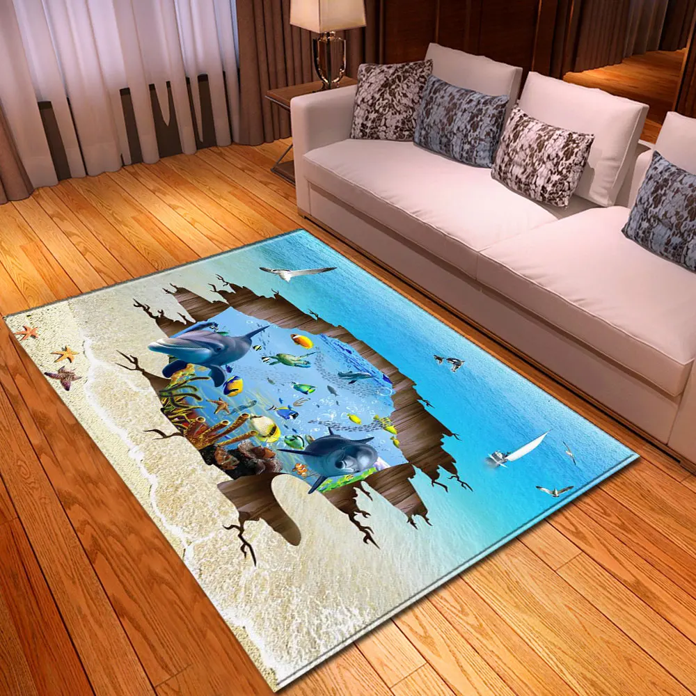

Funny Ocean Dolphin Area Rug Kids Baby Crawling Soft Flannel Mat Bedside Rug Home Decor Fashion Large 3D Living Room Carpet