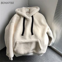 with hat hoodies women solid plus velvet front pocket korean style outerwear high street loose slim fashion young warm winter