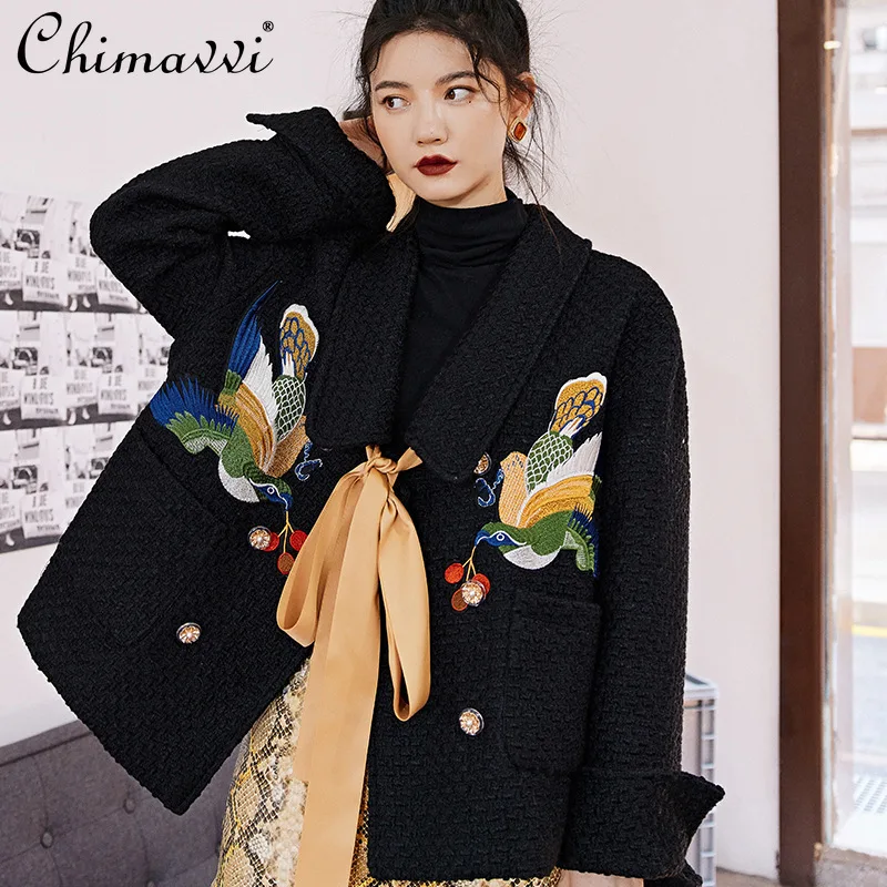 

Autumn Winter Black Wool Coat Korean Fashion Women's Clothing Embroidered Woolen Coats Loose Long Sleeve Temperament Jacket