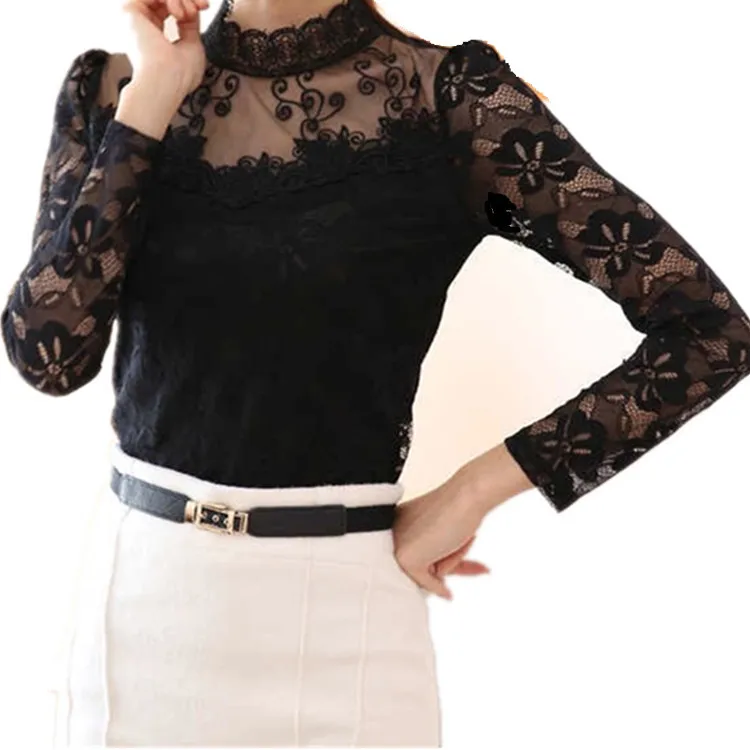 

Lace Bottoming Shirt, Long-sleeved Fleece Lining, Thick Spring and Autumn Women's Spring Wear, Hollow Stand Collar Shirt