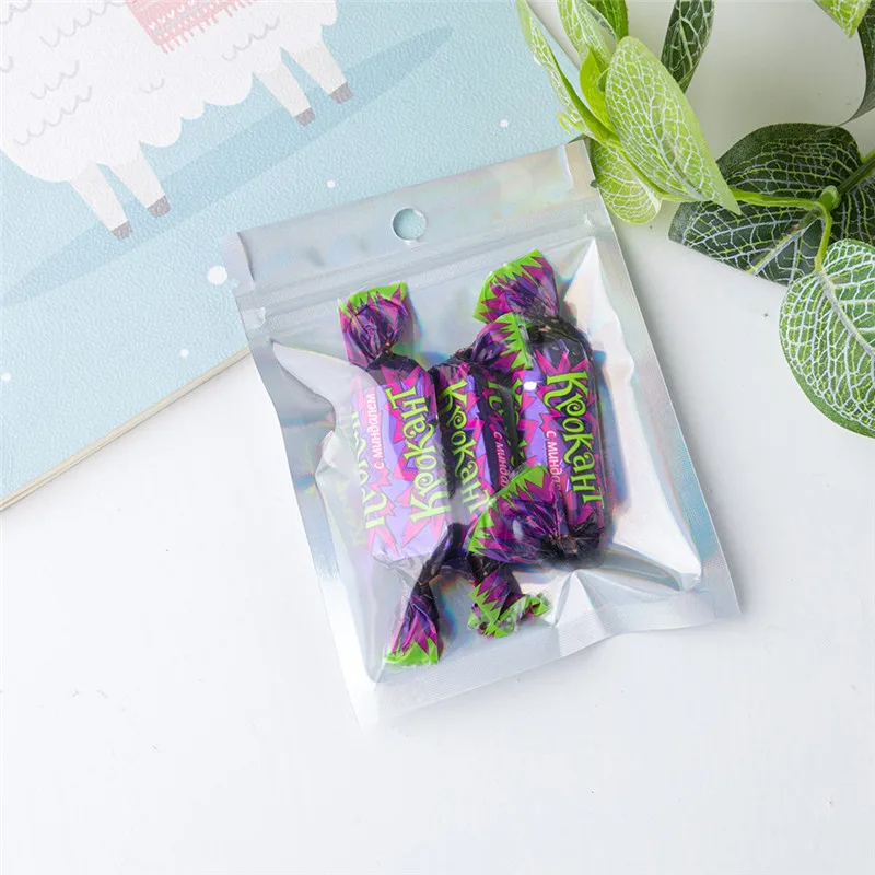 

100pcs/lot 5 Sizes Flat Iridescent Zip Lock Bags Pouches Plastic Laser Iridescent Bags One Side Clear Zipper Bag