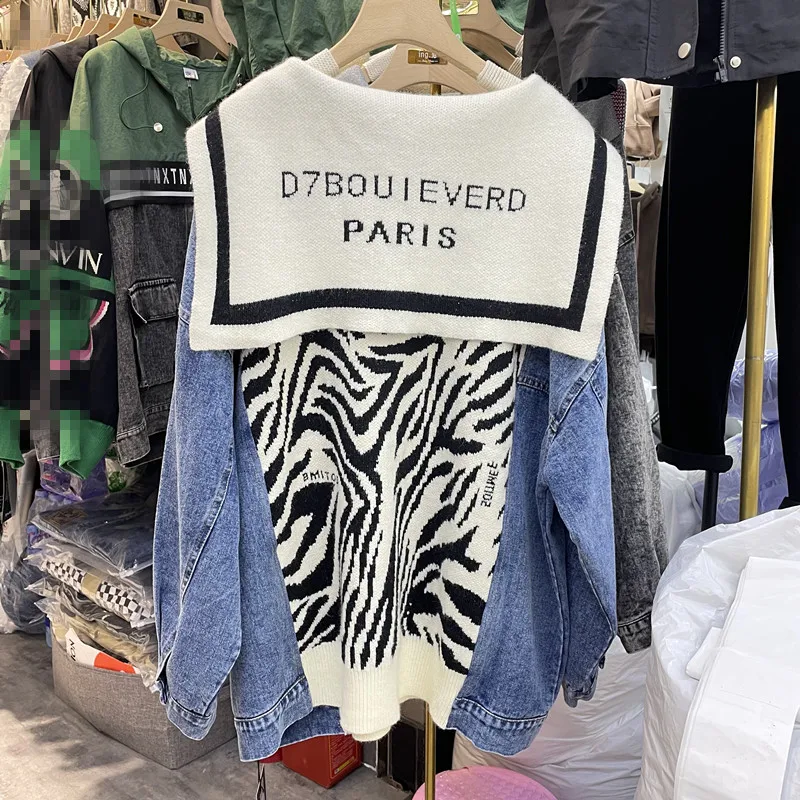 Женский трикотажный кардиган с карманами синяя джинсовая кофта воротником