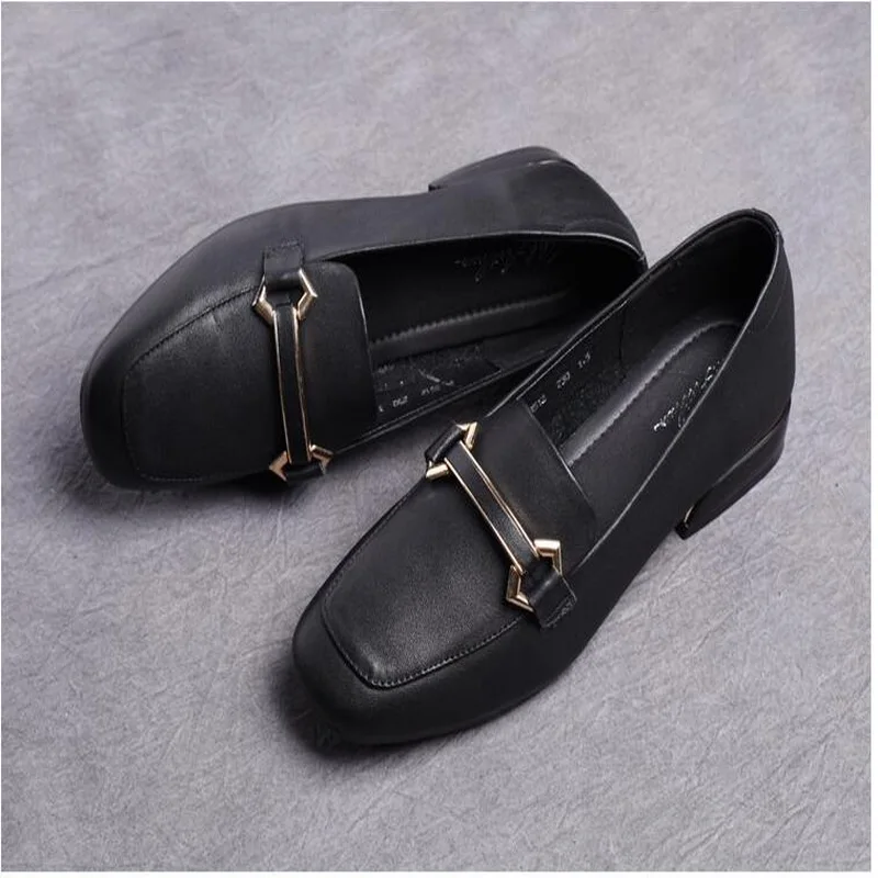 Genuine Leather Female Loafers Slip On Square Toe Flats for Women Black White Casual Shoes Spring Lady Flats