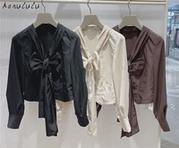2021 autumn and winter new style japanese ladies sweet pure color bow chiffon shirt top