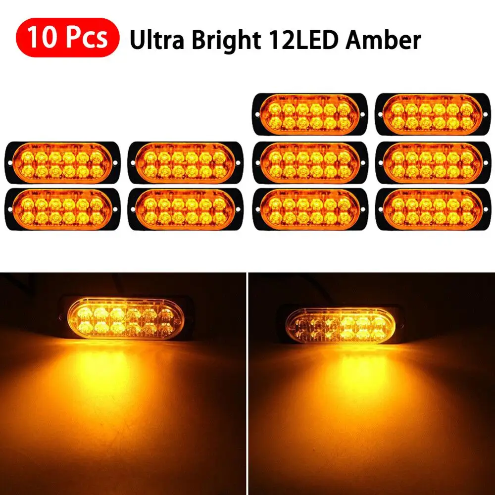 

10Pcs Amber 12 LED Car Truck Emergency Beacon Hazard Flash Strobe Light Bar