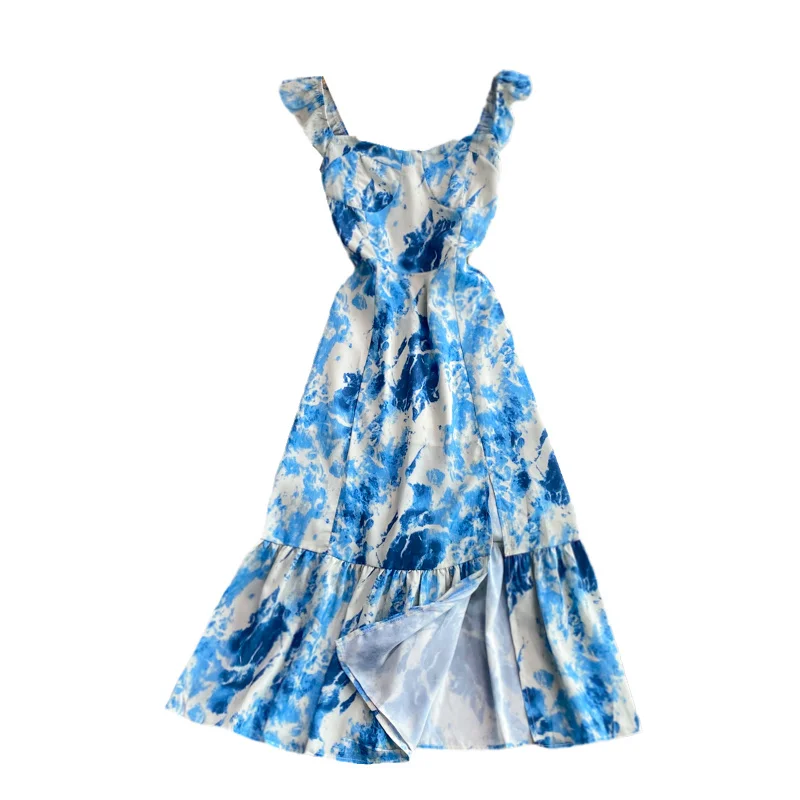 

French Floral Print Vest Dress Women's 2021 Summer New Waist Slim Backless Dress Girl Square Neck Split Fishtail Dress