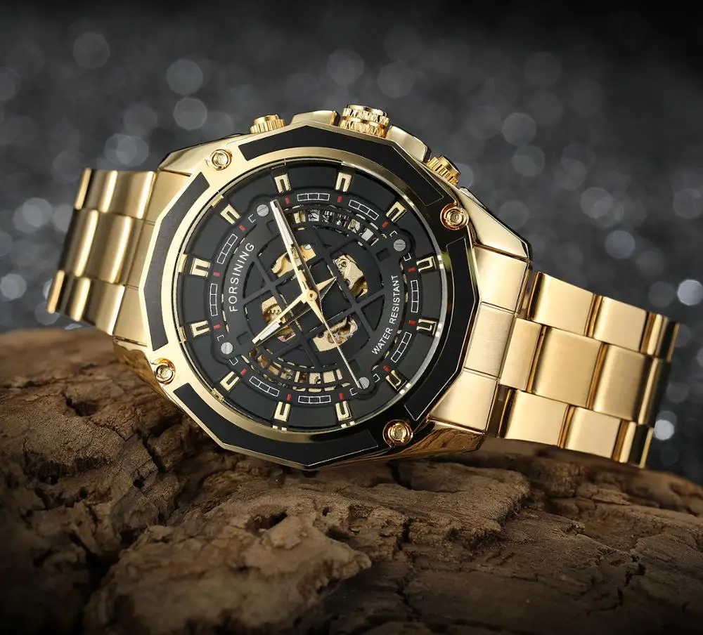 Лидирующий бренд Forsining военные золотые черные часы модные из нержавеющей стали