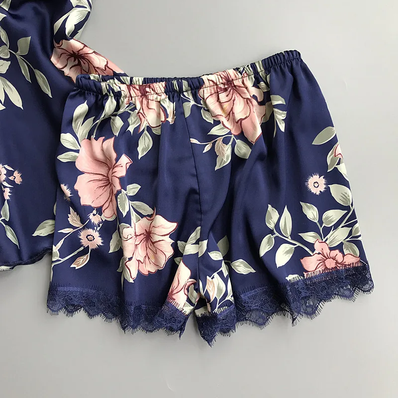 

Sleep Lounge Pajama Set Sexy Satin Sleepwear Women Summer Pyjama Femme Fashion Flower Pajamas For Women With Chest Pad