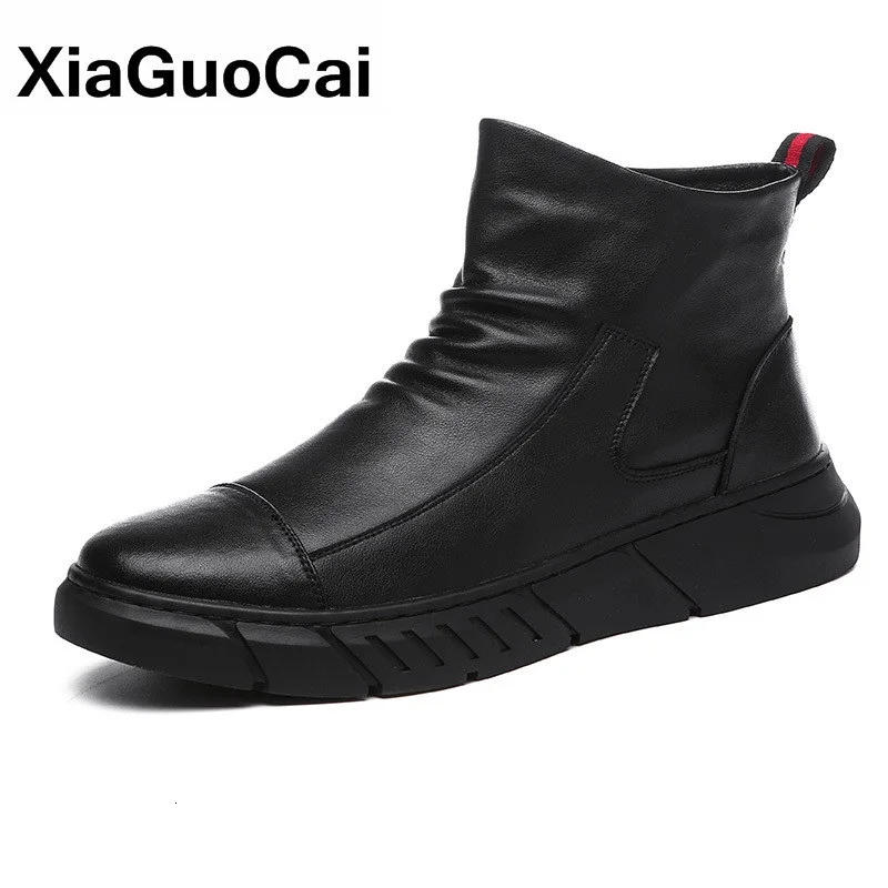 

Мужские ботинки с высоким берцем, осенне-зимние теплые ботильоны с мехом, черные, мужская обувь без шнуровки, высококачественные плюшевые ботинки, повседневная обувь