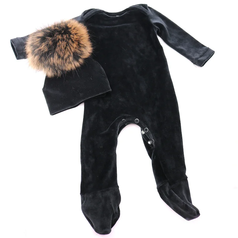 Newborn Baby Girls Boys Velvet Winter Clothes with Real fur pompom hats Sets Soft Long Sleeves Baby Rompers Outfits Bebe Pajamas