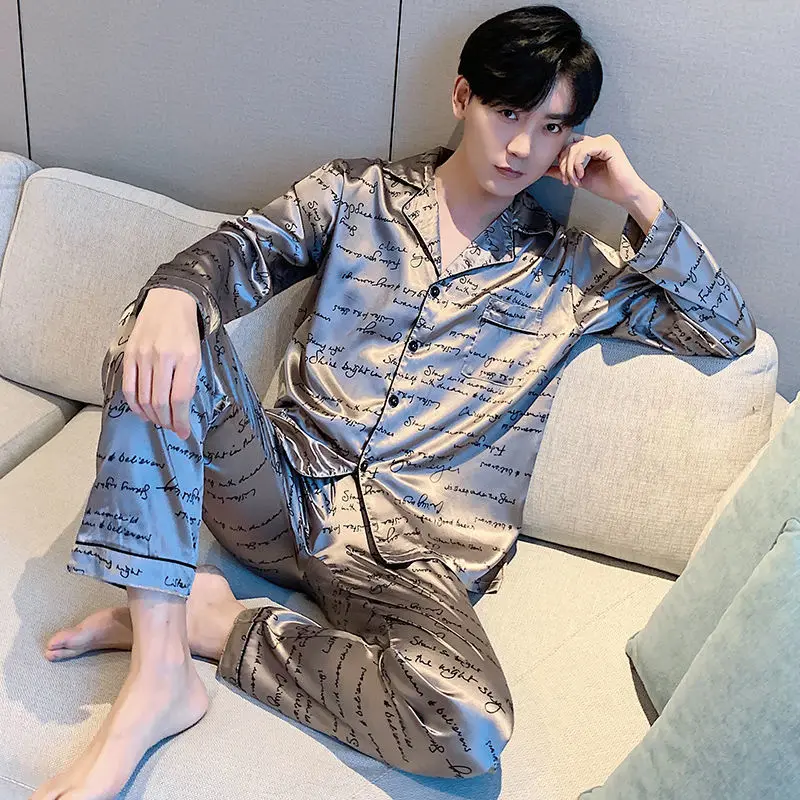 Man Pajamas 2022 Spring Autumn New Long-Sleeve Ice Silk Sleepwear Luxury Noble Pijamas Male Casual Nightie Home Clothes Suits