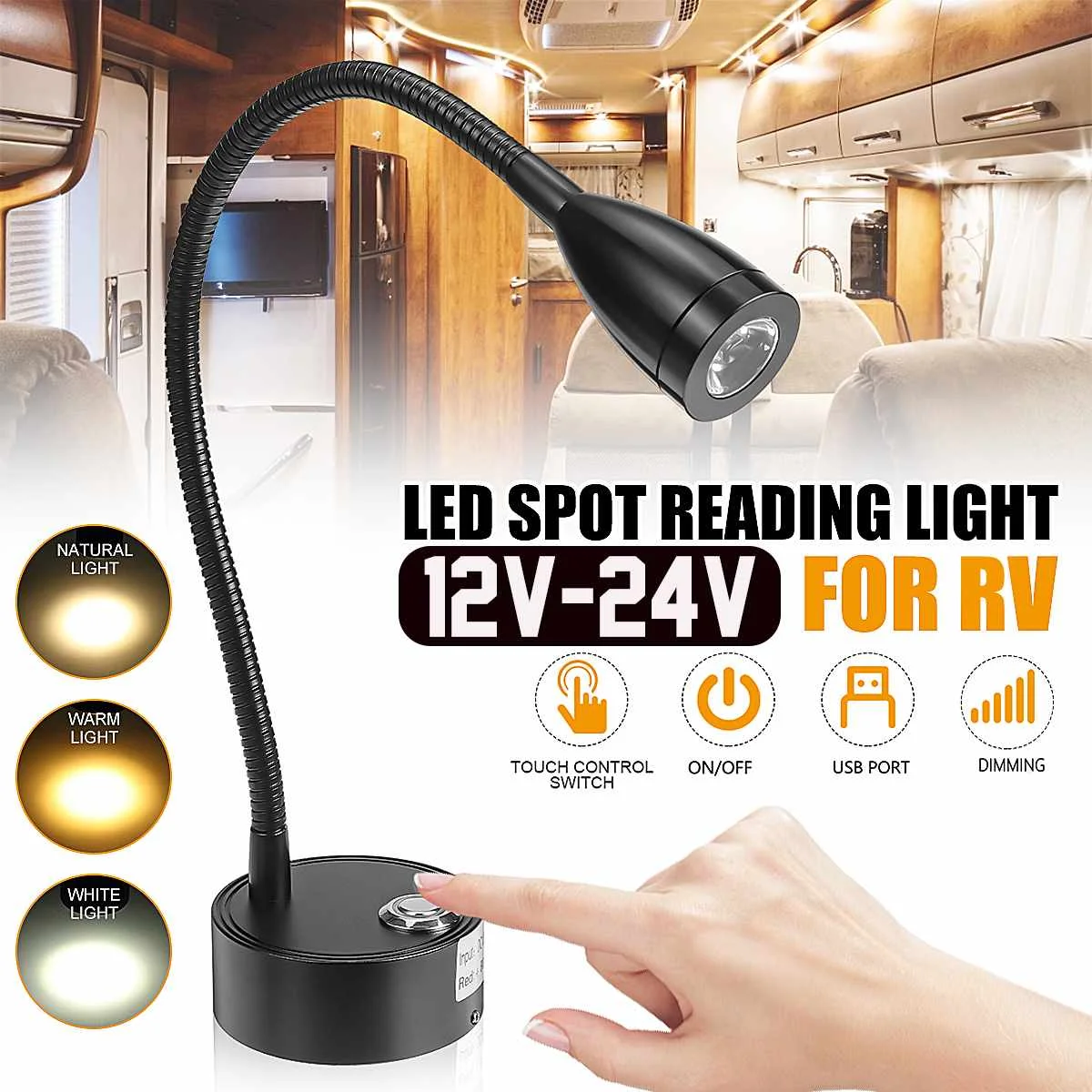 

12V 24V Touch Switch LED Spot Light Flex Neck Reading Lamp Wall Mounted LED Lights w/USB Socket For Motorhome Boat Hotel Bedroom