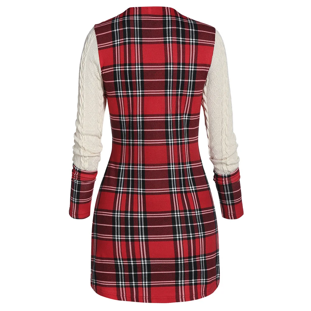 weitongbuWomen Tartan Panel Mock Button High Low Sweater Elastic Casual Plaid Longline Long Asymmetric Pullovers | Женская одежда