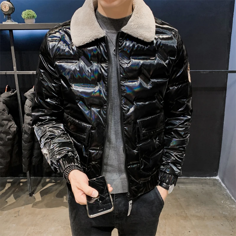 

White Duck Down Winter Mens Bright Face Down Jacket Short Warm Ultralight Lambskin Coats Silver Black Stylish Wool Fur Collar
