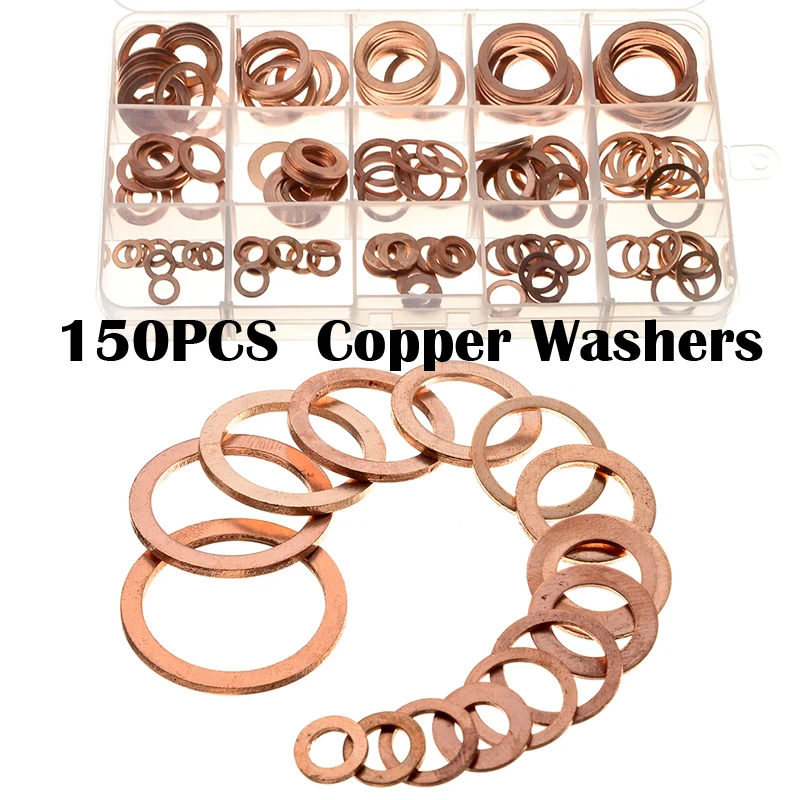 

150pcs 15Sizes Assorted Seal Flat Ring Gasket Set Plug Washer M6/M8/M10/M12/M14/M16/M18/M20/M22 Solid Copper Crush Washers Kit