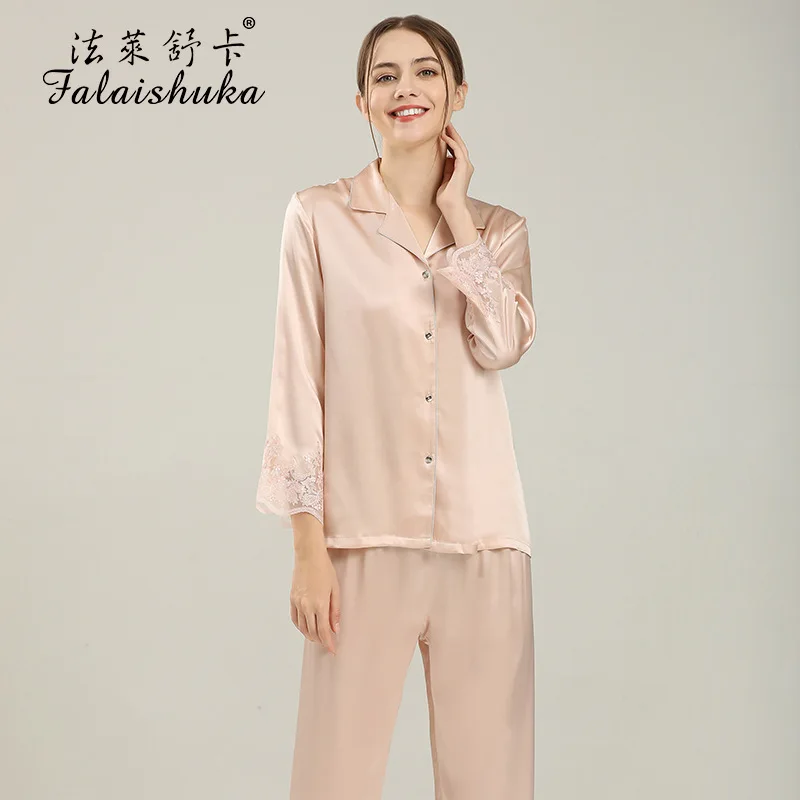 100% Silk Pajamas Sets For Women Full Sleeve  Two Pieces Set  Red Pink 2021 New Summer  Lady Silk Home Wear Sleepwear