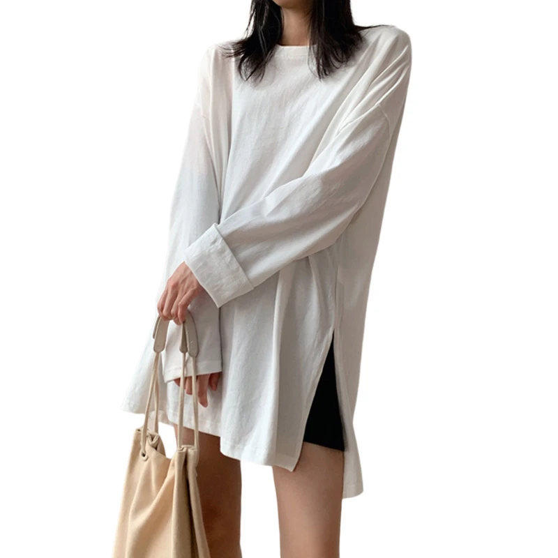 

100% Cotton White Women T-Shirts O-Neck Autumn New Solid Long-Sleeved Loose Casual All Match Female Pulls Tops Tees