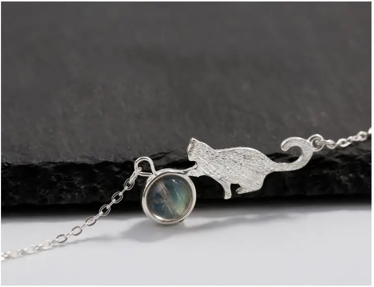 Мода 925 стерлинговый серебряный с лунным камнем кошка Шарм браслет и для женщин