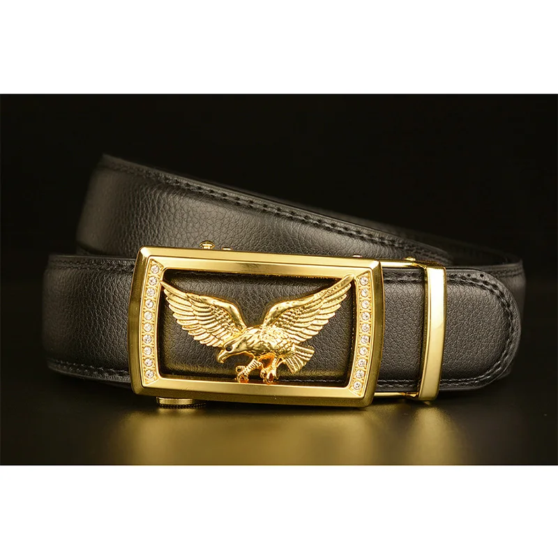 

Mens Belts Genuine Leather Cowhide Hollow Out Fly Eagle Diamond Automatic Buckle Matte Pattern Casual Belt Strap Belt For Male