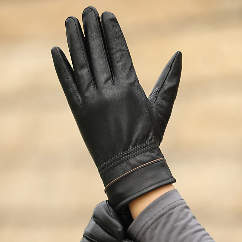 Зимние мужские перчатки из натуральной овечьей кожи, мужские черные мотоциклетные перчатки с закрытыми пальцами для вождения, теплые перча...