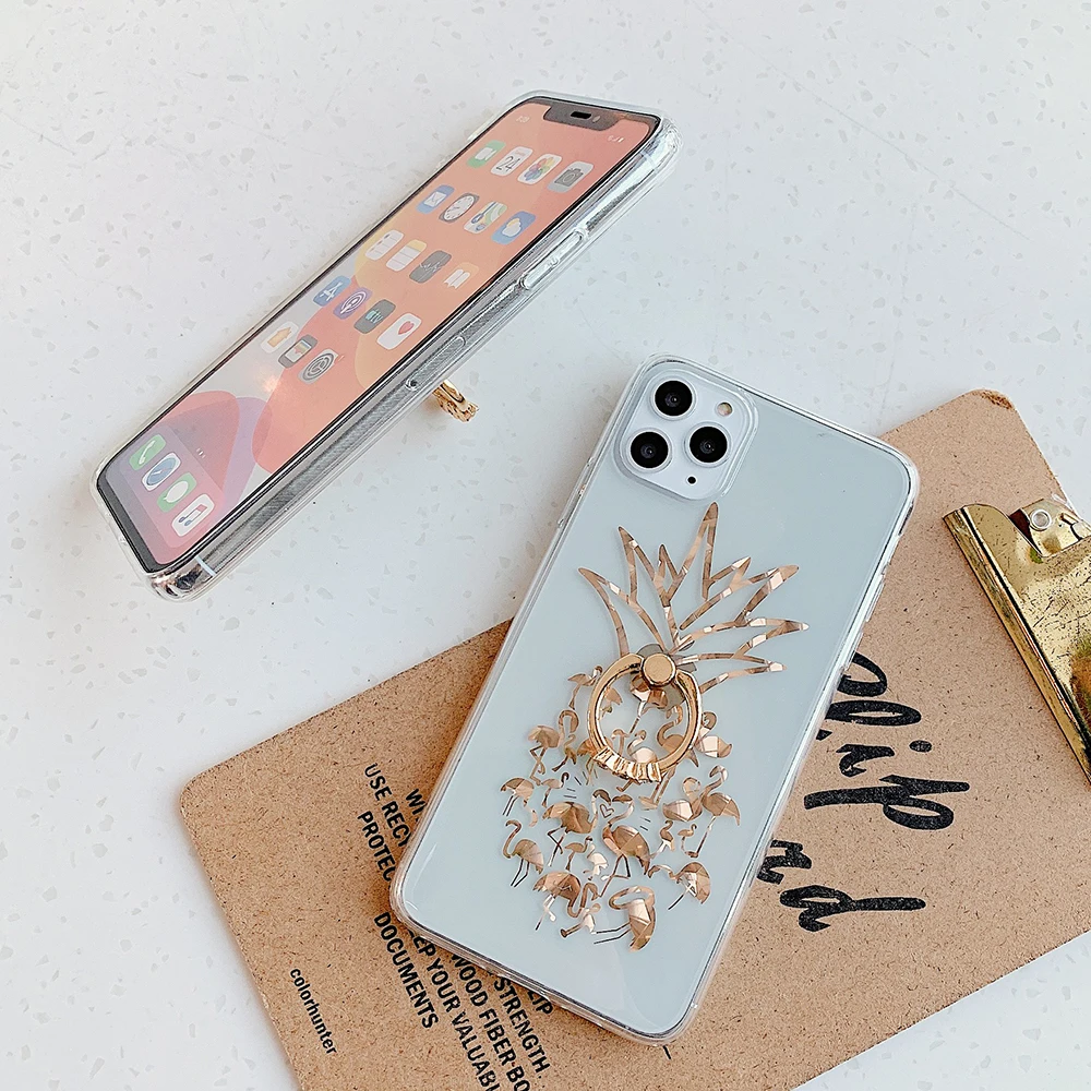 Прозрачный чехол с кольцом подставкой и золотым ананасом для iPhone 12 11 Pro Max Mini XR X XS 7