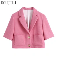 doujili women pink blazers coat vintage v collar short sleeve two row button 2021 fashion female blazer suits