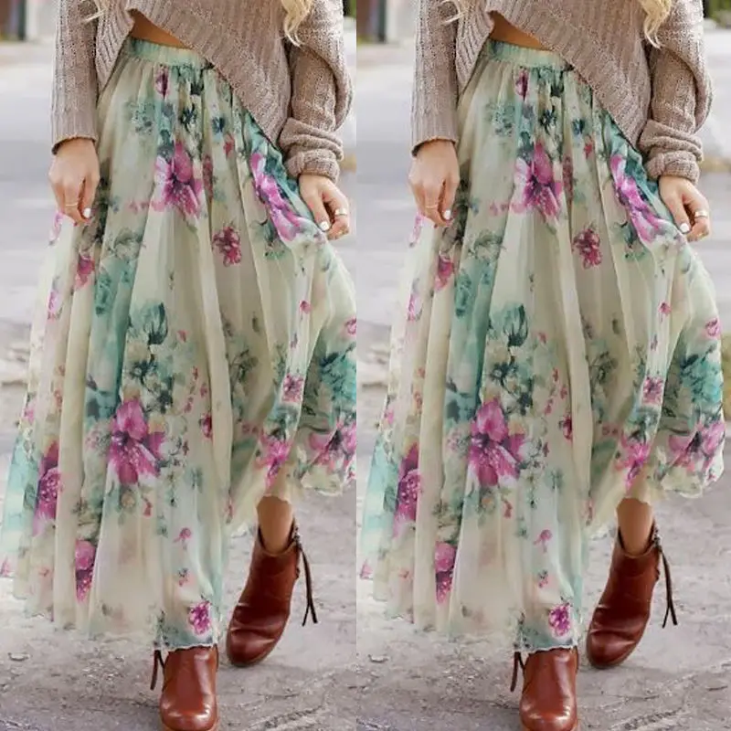 

New Women Chiffon Floral High Waist Maxi Skater Flared Pleated Long Skirt Fresh Pattern Dress Size S-XL