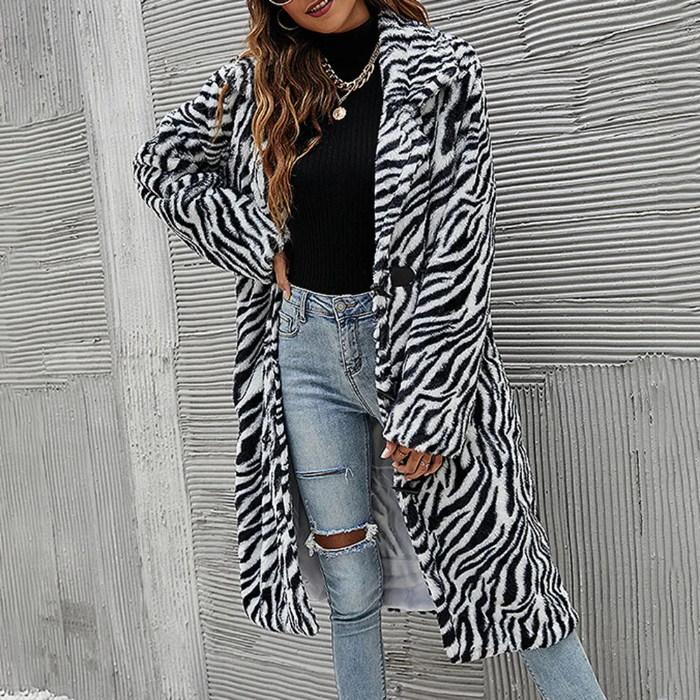

Пальто женское зимнее, утепленное, с принтом зебры, пряжками и лацканами, длинным рукавом, в западном стиле, 2021