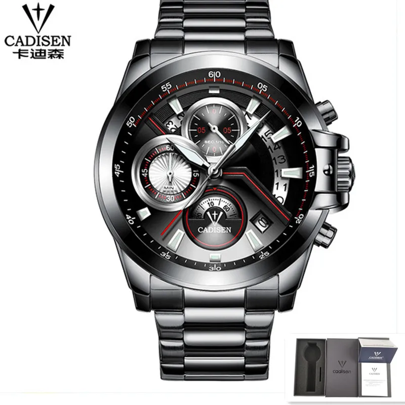 Steel black box CADISEN, мужские часы, Топ бренд, Роскошные, военные, армейские, спортивные, повседневные, водонепроницаемые, мужские часы, кварцевые, нержавеющая сталь, наручные часы - Цвет: Steel black box
