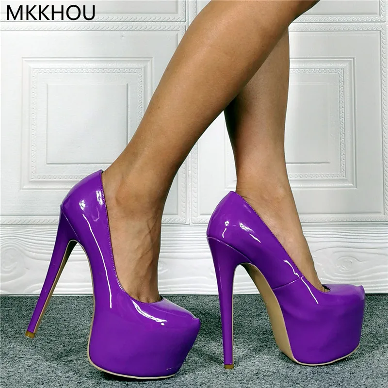 MKKHOU Fashion Women High Heels New Purple Pumps Bright Leather Platform Shoes Sexy Stiletto 16cm Super High Heels Large Size