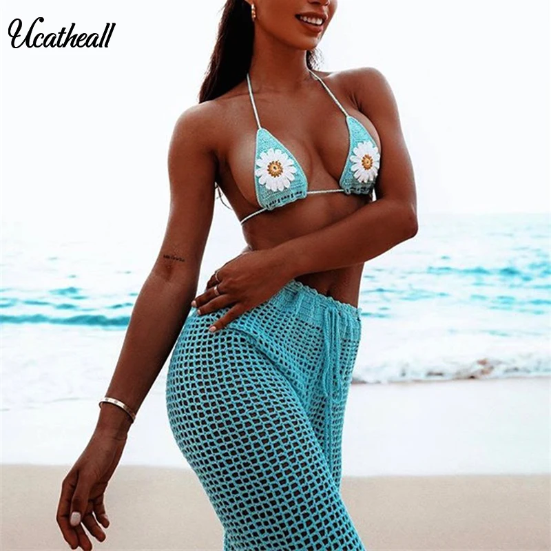 Женский пляжный богемный вязаный комплект из двух предметов короткий топ с v