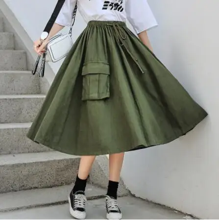 Army Green Японские Мори девушка длинные юбки для женщин Высокая талия армейский зеленый зонтик юбки карман женский хлопок миди Saia сплошной цвет - Цвет: Army Green