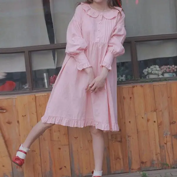 Японский стиль однотонное женское платье из чистого хлопка Kawaii воротник Питер