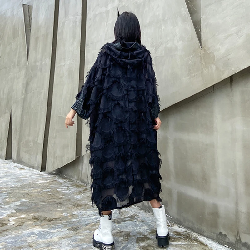 Женское асимметричное платье XITAO черное свободное уличное с капюшоном осень 2020