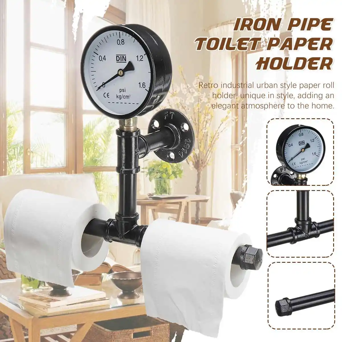 

Retro Industrial Roll Paper Holder Organizer Iron Wall Mounted Tissue Pipe Bracket Kitchen Bathroom Rack Towel Bar Shelf Hanger