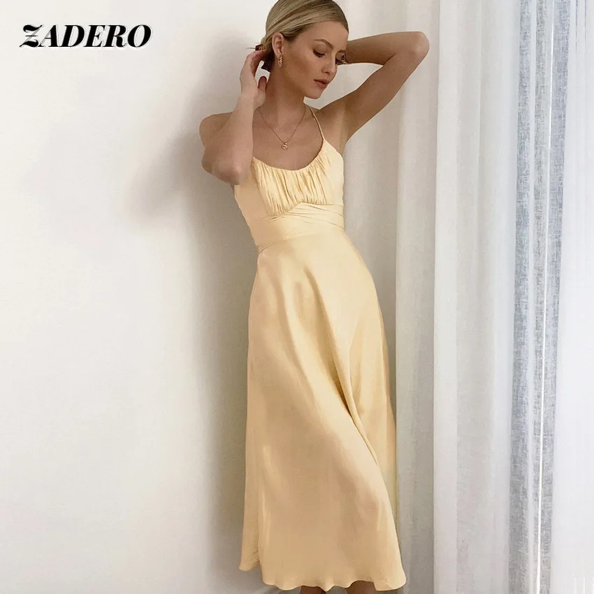 

Sexy Open Back Satin Dress for Women 2021 Summer Fashion Waist Slim Lace-up Solid Color Sleeveless Midi Dresses Vintage Casual