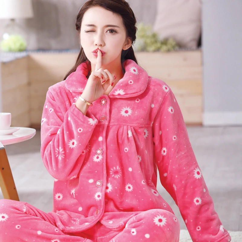 pink pijamas women Пижама женская зимняя фланелевая теплая однотонная Пижама женская толстая Коралловая флисовая Пижама женская длинная Пижама больших размеров для женщин - Цвет: pink pijamas women