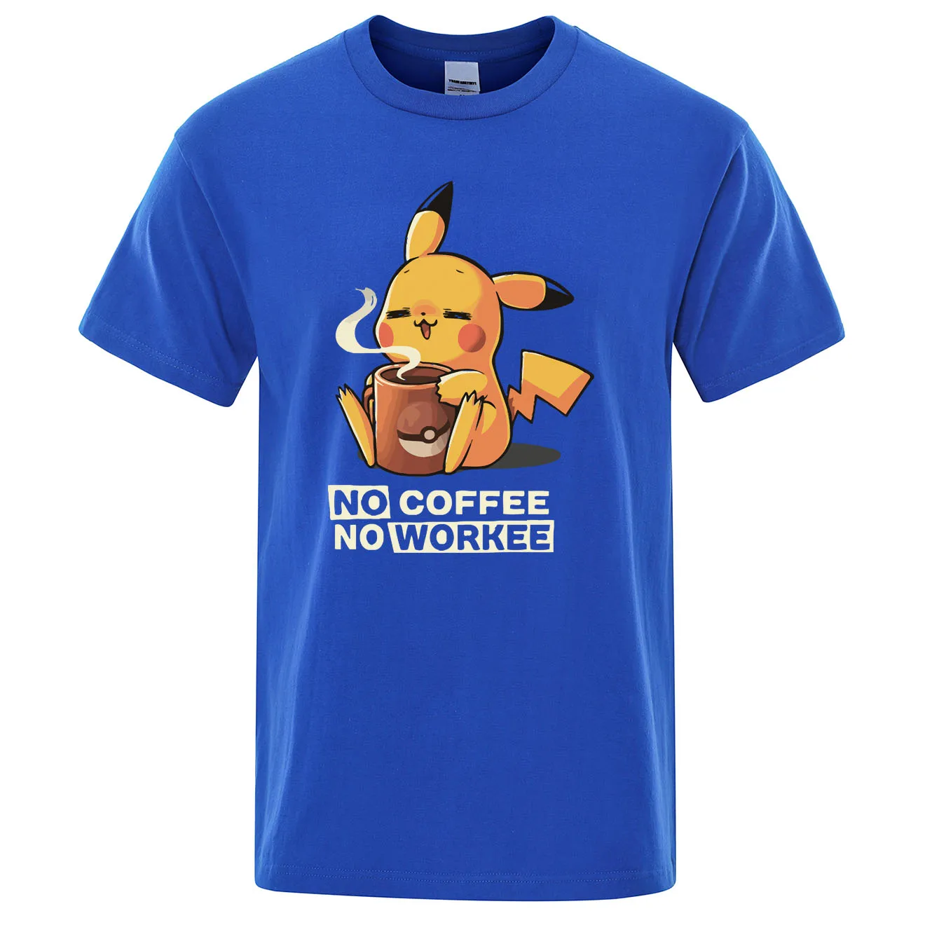 Футболки NO COFFEE NO WORKEE, Пикачу, футболка Pokemon, повседневные мужские футболки с круглым вырезом, Забавные футболки, черные мужские топы, брендовая одежда