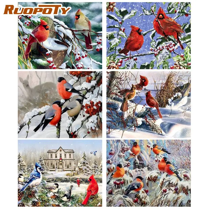 

RUOPOTY DIY Framed Painting By Numbers Snow Bird Oil Painting By Numbers Landscape wall decor on Canvas Home Decor gift