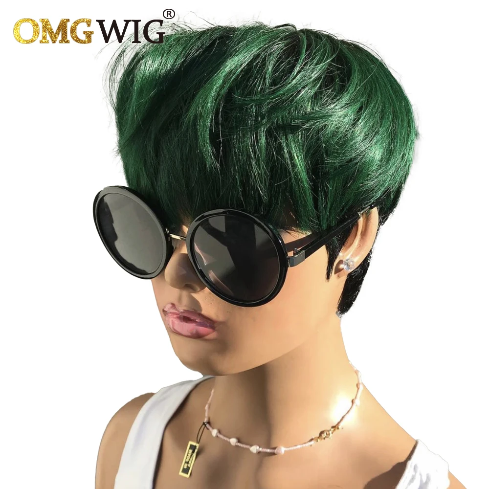 

Green Ombre Color Short Wigs For Women Straight Bob Wig With Bang Pixie Cut Brazilian Remy Hair Full Machine Made Glueless Wigs