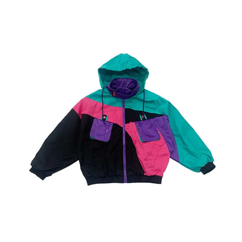 

Girls color matching jacket 2021 spring new trendy girl color contrast jacket hooded jacket top