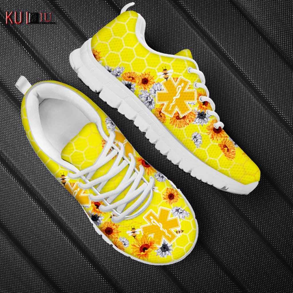 

KUILIU Paramedic EMT EMS Pattern Women's Shoes Flats Sunflowers Print Mesh Sneakers Comfortable Female Brand Designer Footwear