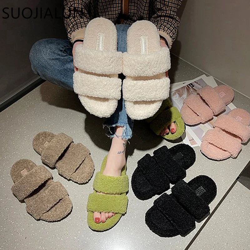 

Шлепанцы SUOJIALUN женские из искусственного меха, повседневные домашние тапочки на плоской подошве, с открытым носком, без застежки, сланцы, зи...