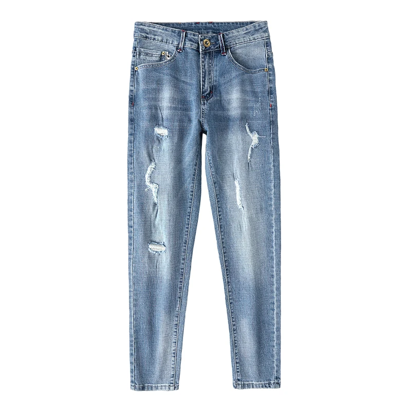 

New Spring Summer Autumn Men's Jeans Mid Waist Chain Pants Full Length Trousers Denim For Male