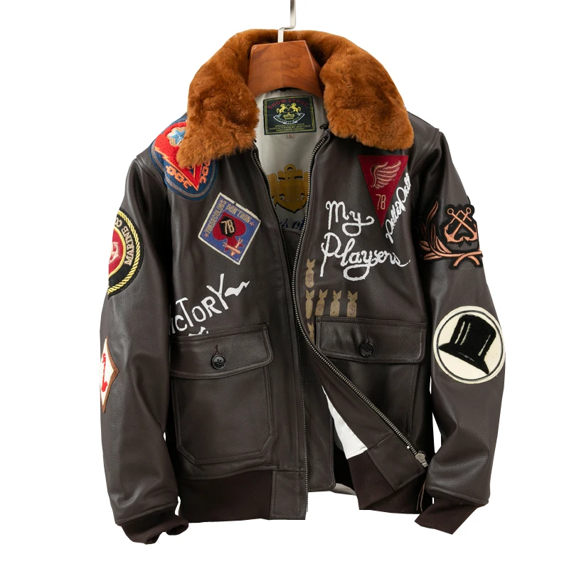 

2022 Brown Genuine G1 Leather Jacket Men Military Style Plus Size 3XL Real Natural Cowhide Winter Warm Aviation Coat 100kg Wear