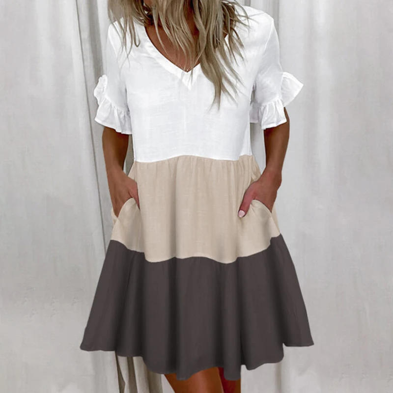 

Patchowork Woman Dress Summer V-neck Short Sleeve Pleated Ruffles Beach Pocket Dress Fashion Dresses For Women