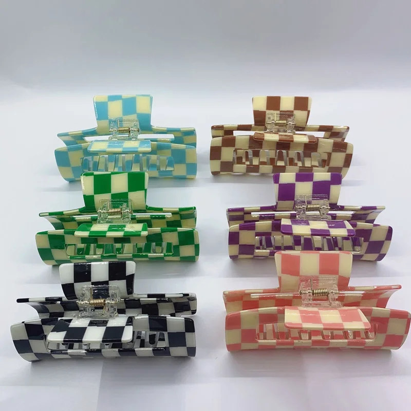 

2022 New Ins Large Multicolor Checkerboard Grid Square Semicircle Acetate Hair Clip Claw Hair Women Hair Accessories