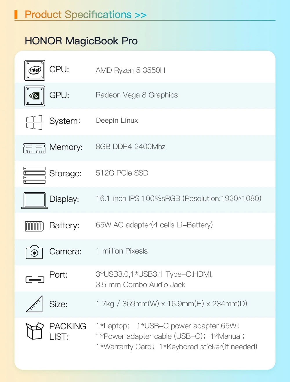 Ноутбук HUAWEI Honor MagicBook Pro(AMD Ryzen R5 3550H 8GB ram/512G SSD/16,1 ''ips sRGB