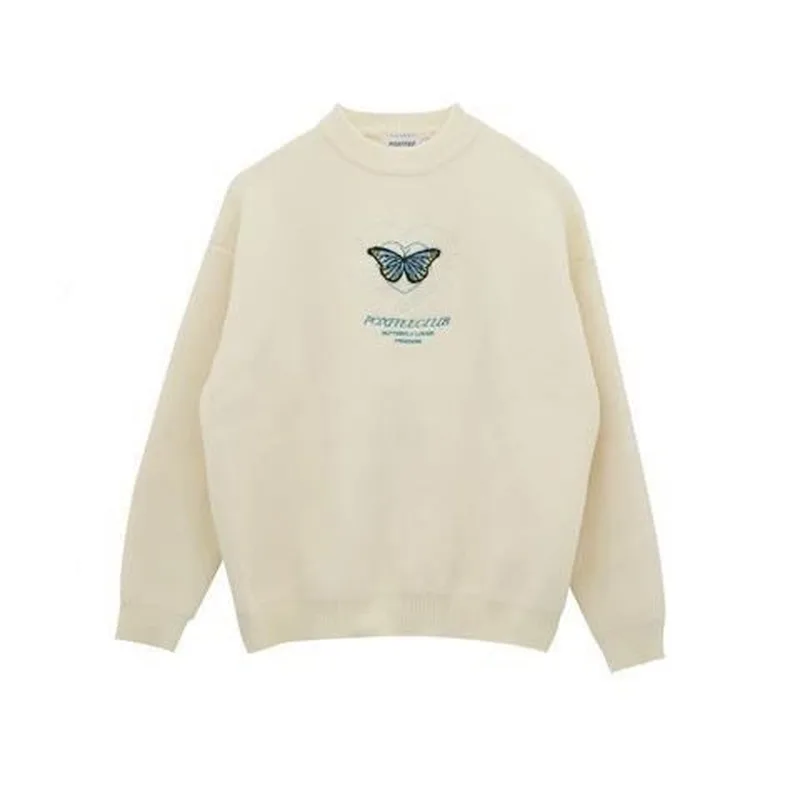 

Pullovers Women Sweaters Butterfly Embroidery O-neck Females Korean Style Retro Fall Harajuku All-match Womens Clothing Chic